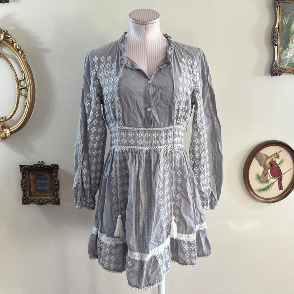 AREA Stars Gray Embroidered Boho Mini Dress with Tassel Tie Waist
